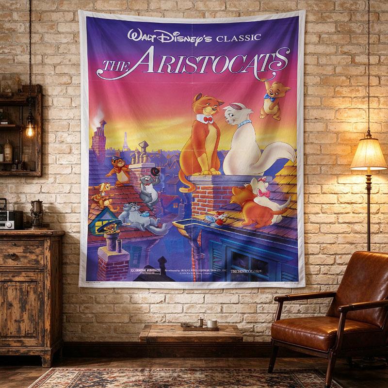 The Aristocats classic Disney poster shows Duchess and O'Malley on Paris rooftops at sunset, pink orange sky, charming vintage Room Decor Accent