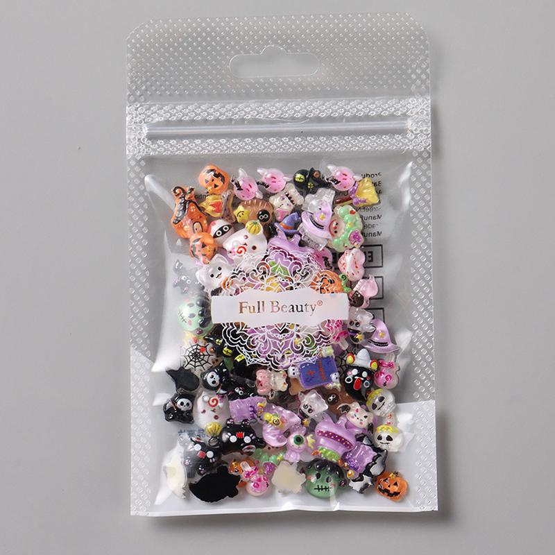 50/100Pcs Kawaii Halloween Nail Charms Cartoon Pumpkin Ghost Cat Mixed Sized Resin Ornaments Cute Spider Web Bat Nail Decor