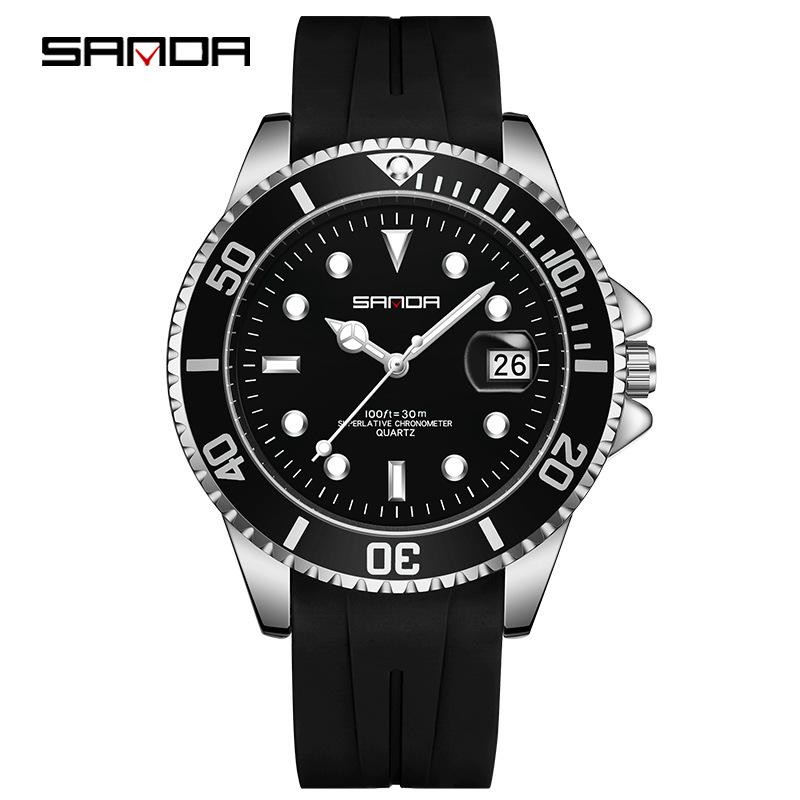 Sanda Men s Green Quartz Watch: Calendar, Waterproof, Silicone Strap, Casual Business Style.