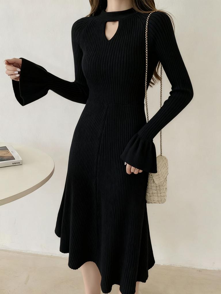 Women's Knitted Dress Long Sleeves Half Turtleneck Sweater Dress Hollow Fashion Clothing Autumn Winter