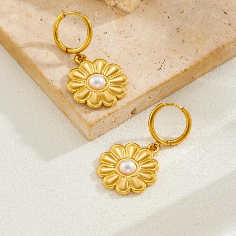 Gold Plated Stainless Steel Daisy Pearl Hoop Earrings for Women