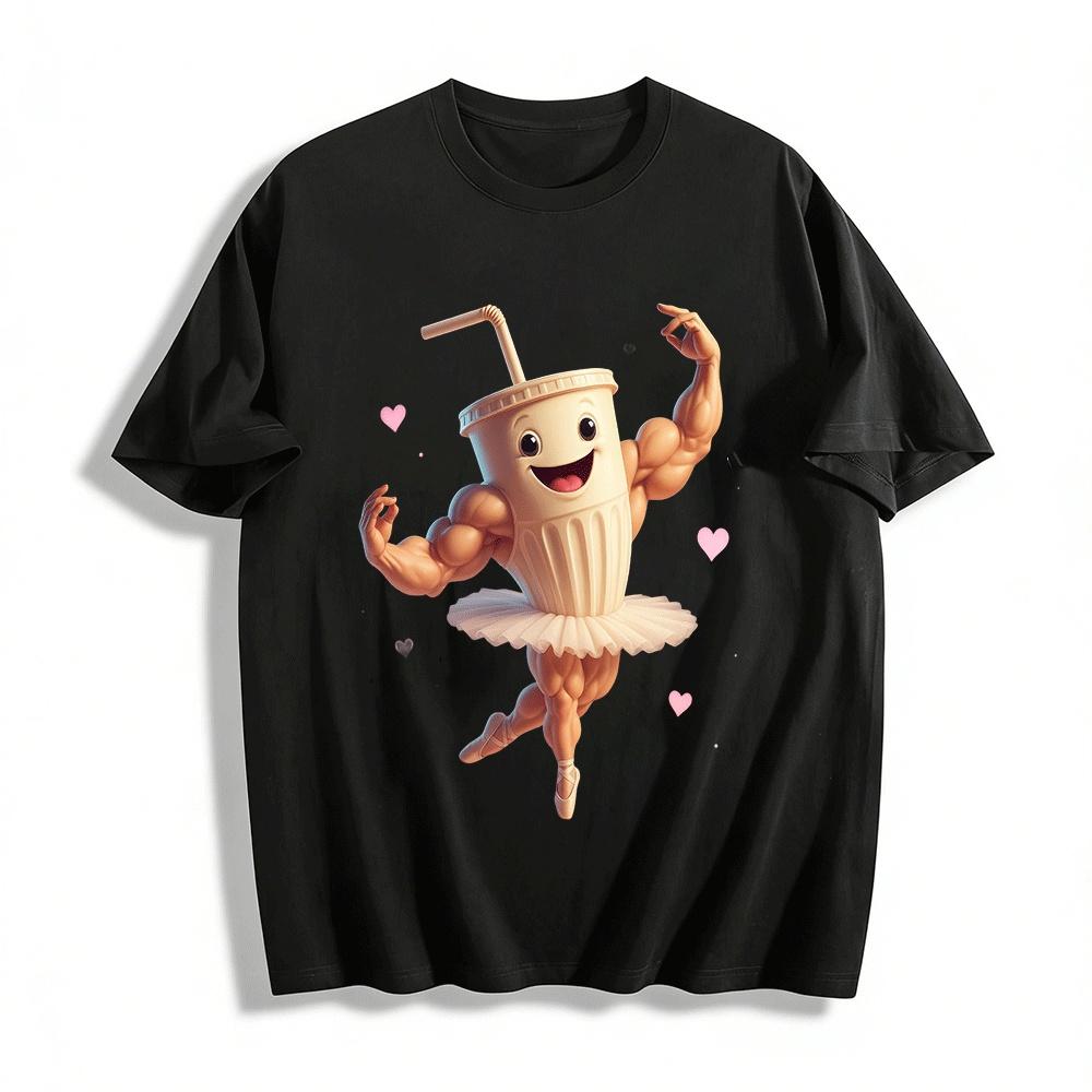 Funny Muscular Milk Tea Cup Ballet Graphic Casual T-Shirt Pure cotton T-shirt XXS