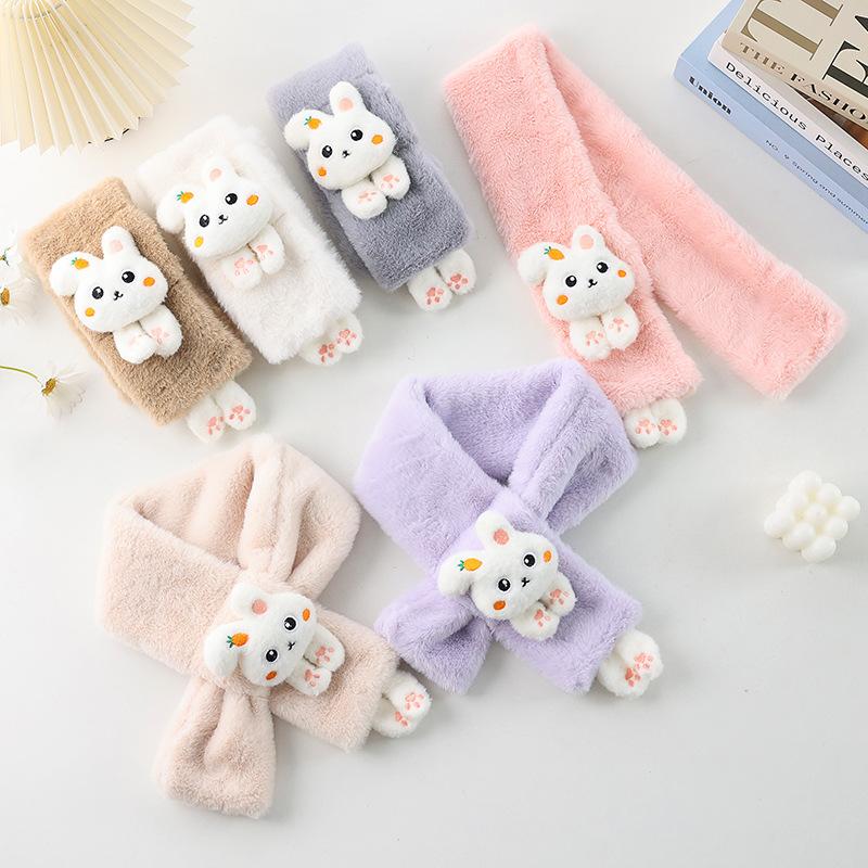Jungen Mädchen Winter Schals Dick Plüsch Kreuz Kinder Schal Baby Lätzchen Niedlich Cartoon Kaninchen Kunstfell Nackenschutz Warmer Schal