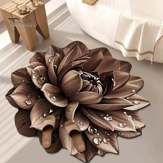 Shower Floor Mat 3D Flower Area Rug Realistic Floral Pattern Plush Absorbent Bathroom Non-Slip Soft Velvet for Living Room Bedroom Kitchen Entryway