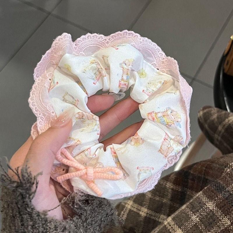 Korean Women Girl Lace Bow Elastic Hair Scrunchies Sweet Flower Print Hair Rim Bands Cute Ponytail Hair Accessories