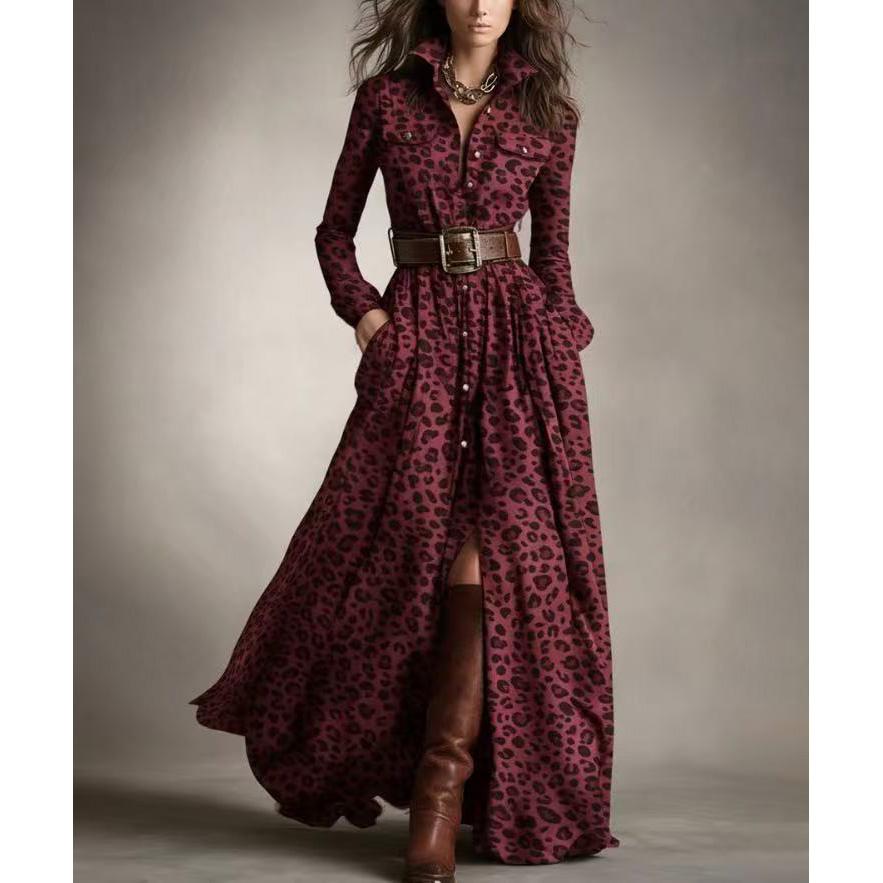 Französische Retro Karodruck Schlitz Lange Kleider Frau Elegant Umlegekragen Knopf Maxi Kleid Herbst Langarm Tasche Boho Kleid