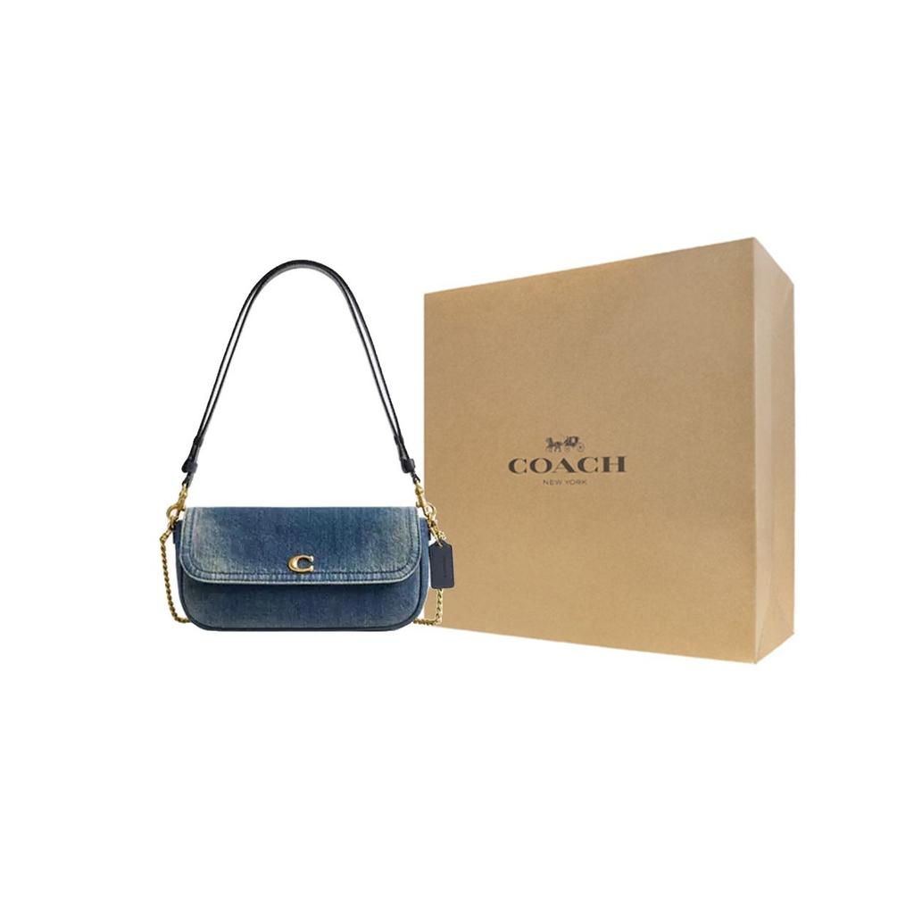 Coach 23 Removable Chain Strap Snap Closure Interior Zipper Pocket Fabric Shoulder Bag Medium Women Shoulder Bag Brass Deep-Indigo CCY20-B4YMW