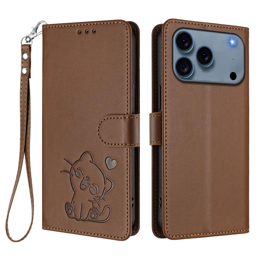 Für iPhone 17 Pro Max Brieftasche Hülle mit Handschlaufe Love Cat Muster Prägung Leder Handyhülle