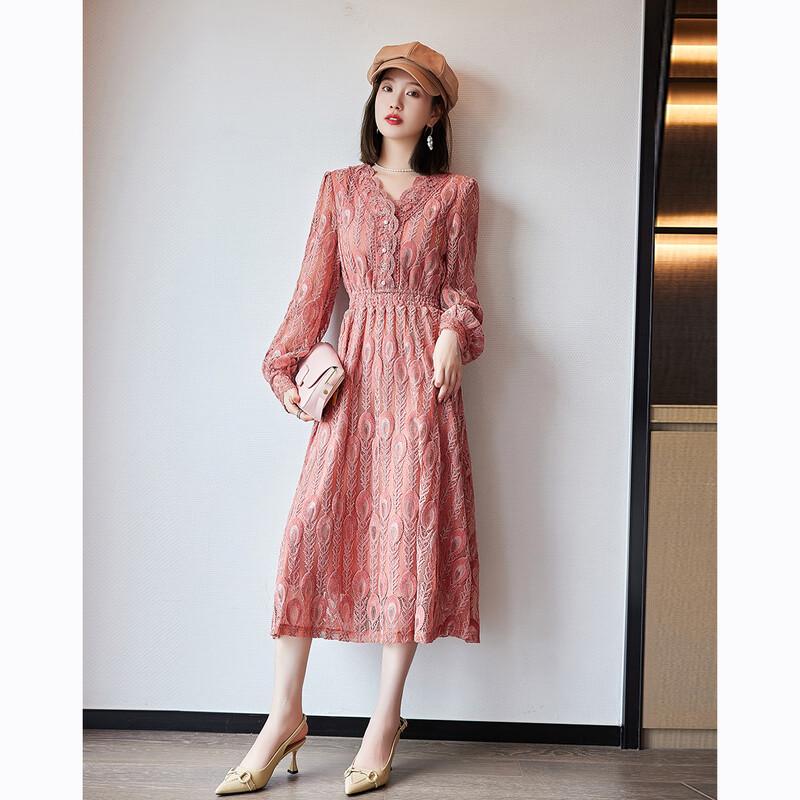 Demana Retro Lace French V-Neck Puff Sleeve Midi Dress