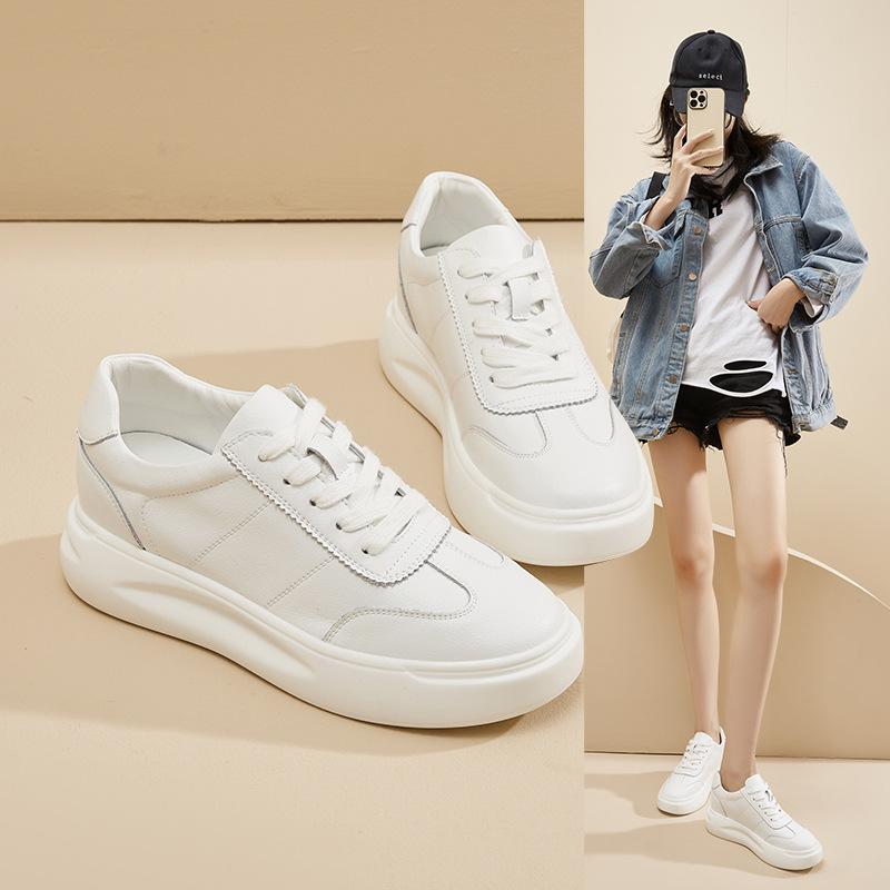 2025 Autumn New Thick-soled Little White Shoes Women's Muffin Board Shoes Versatile Leather Breathable Heightening Shoes Casual Sports Shoes