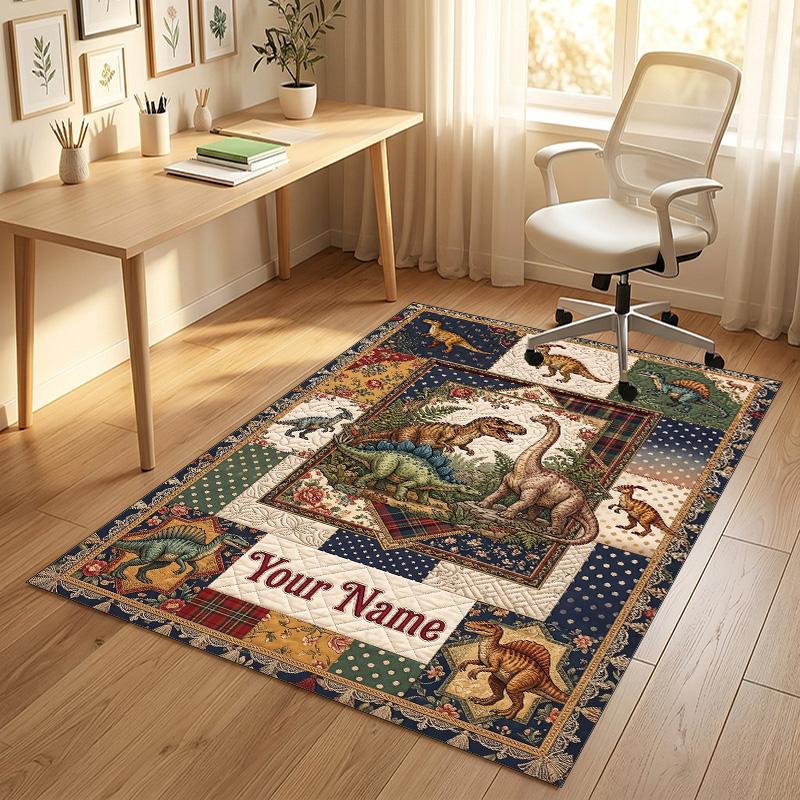 Dinosaur Theme Crystal Velvet Rug Personalized Custom Name Text Soft Floor Mat Home Decor