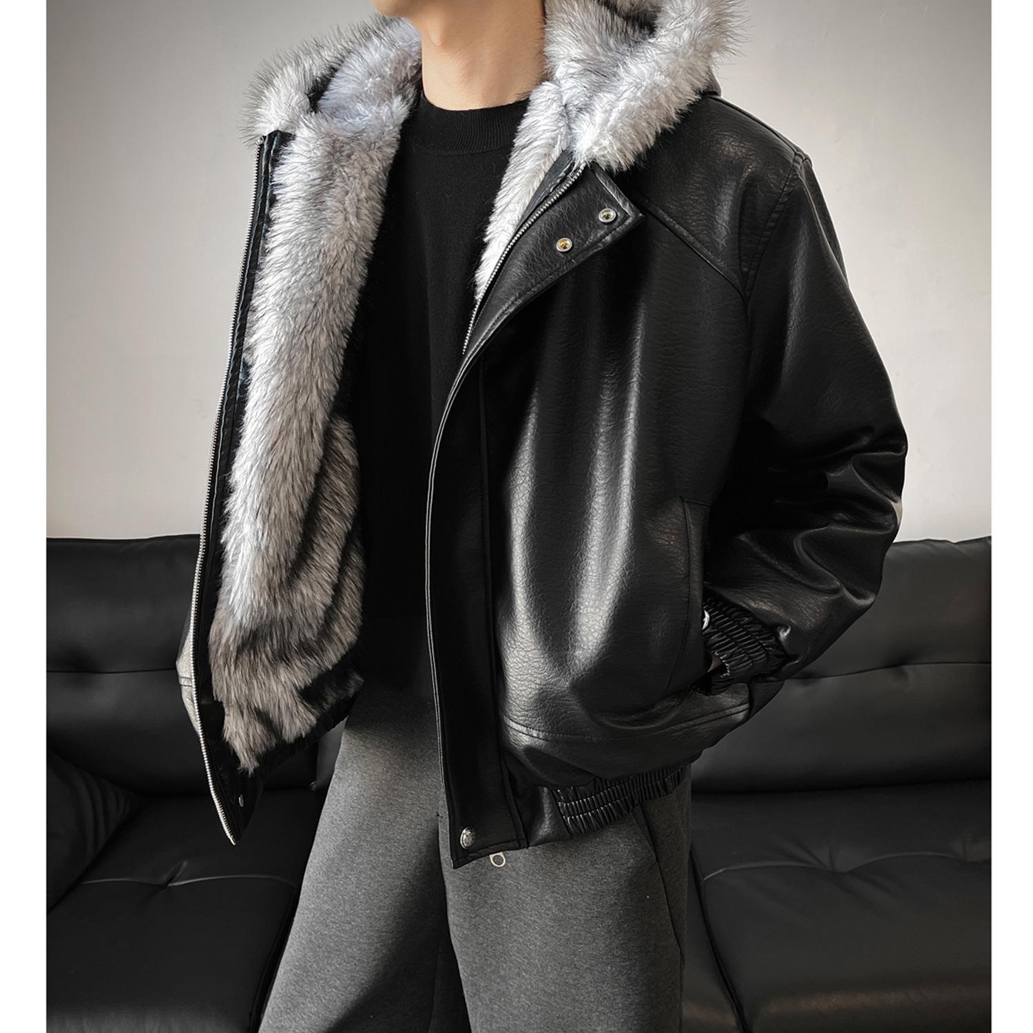 

Men s Winter Hooded Jacket with Big Fur Collar - Leather-Style, Warm Cotton Outerwear M (75-110 jin) чорний