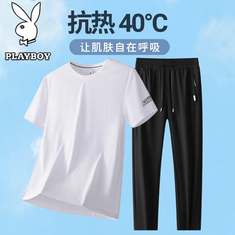 

PLAYBOY Men s Summer Ice Silk T-shirt & Pants Set 5XL
