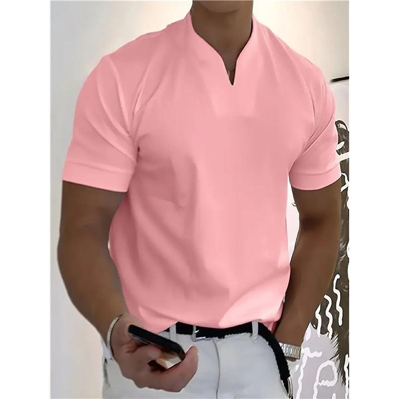Men V‑Neck Short Sleeve T‑Shirt Elastic Slim Fit Henley Tee Solid Color Breathable Casual Tops For Fitness Sports Daily Summer Street Wear