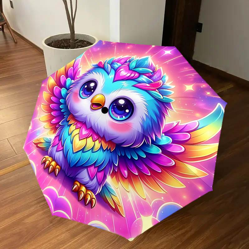 1PC Owl Fantasy Automatic Open/Close Umbrella with Windproof, 8-Rib Sturdy Canopy, Durable Ribs, Fashionable Design, Outdoor Accessory, Fun Prin, Holi