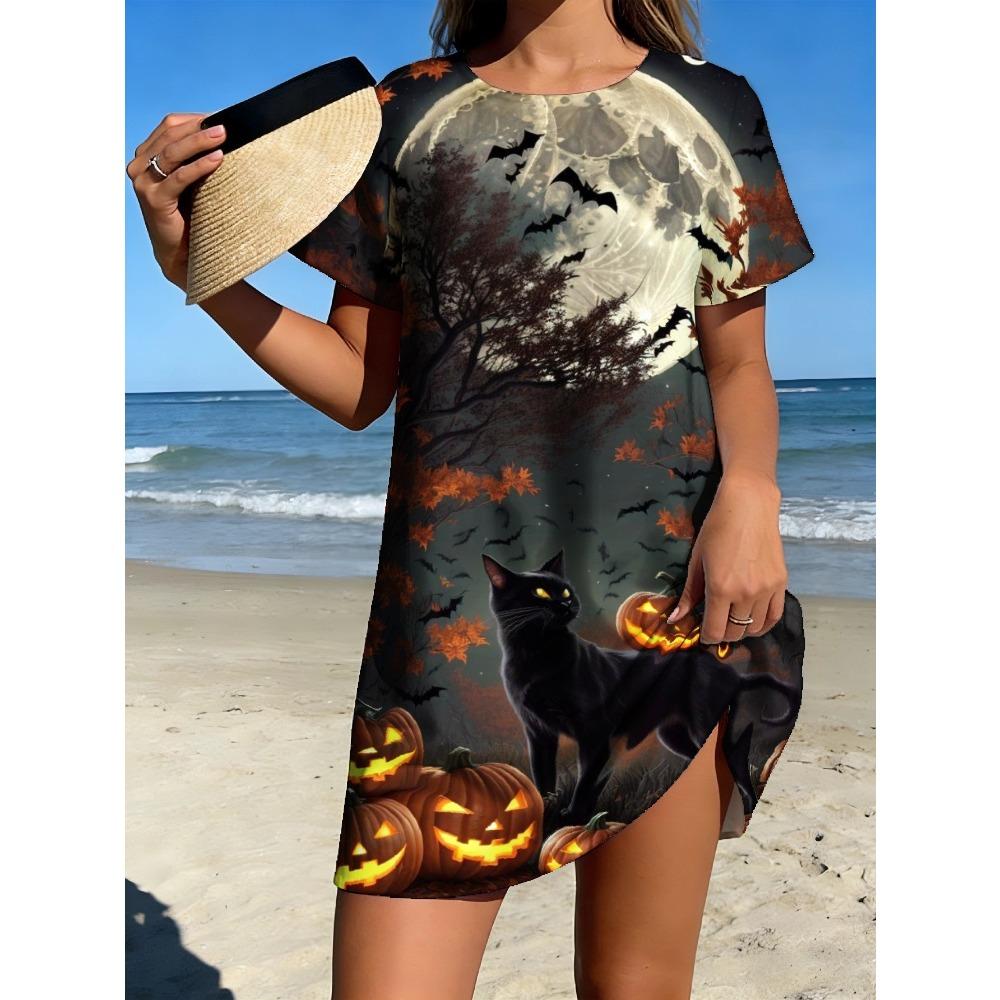 Summer Women’s Fashion 3D Printed Dress Festival Party Activities Dress Loose Breathable Soft Plus-size Casual Vacation Crew Neck Short-sleeve Dress