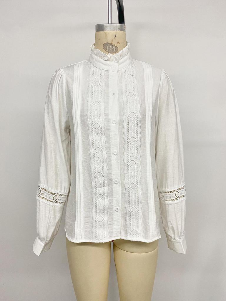 European & American Literary Style Lace Patchwork Stand Collar Long Sleeve White Shirt for Women - Spring/Autumn 2025 Collection