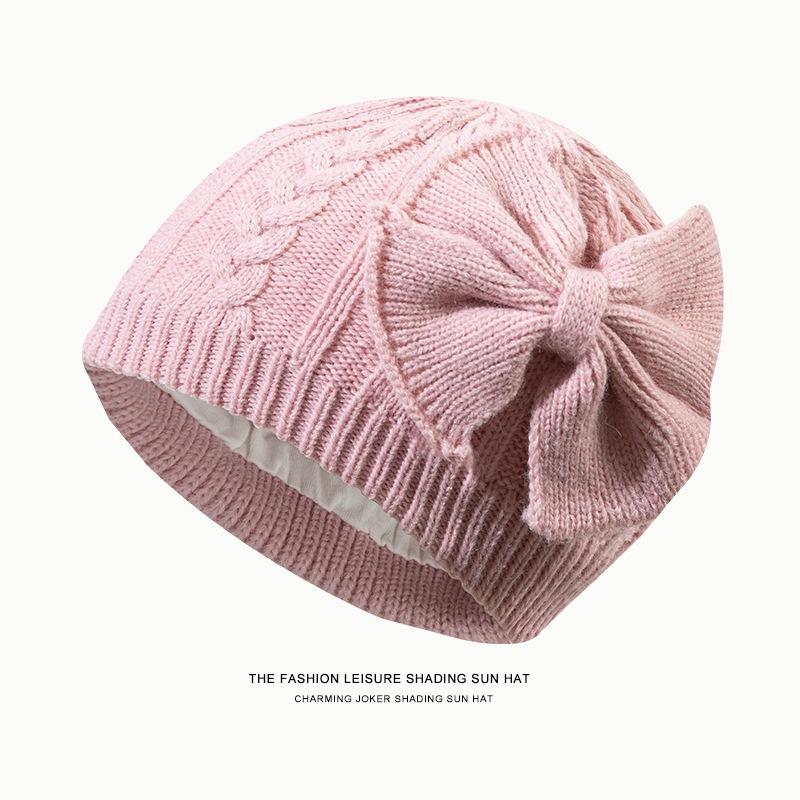 Children's knitted hat wool hat cold-proof and warm bow cute versatile pullover fleece knitted cold hat tide