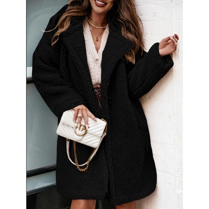 

Осенне-зимний женский пушистый топ с длинными рукавами и лацканами из плюша L чёрный