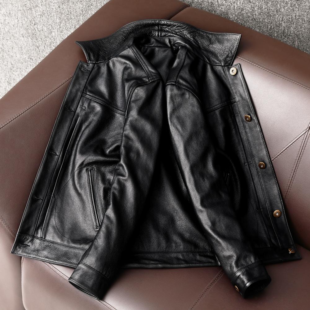 New Genuine Cowhide Leather Jacket for Men Big Size Denim Coat Fashion Casual Lapel Coat