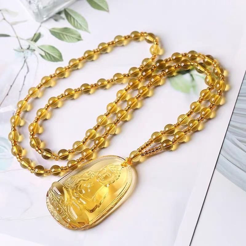 Yellow Crystal Necklace Long Sweater Chain Manjushri Pendant Amitabha Pendant Unisex Gift