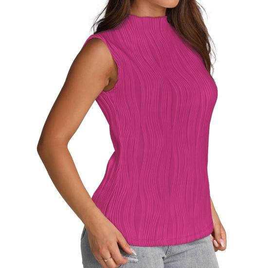 Women Summer Vest Solid Color Half Turtle Neck Sleeveless Tank Top Striped Jacquard Texture