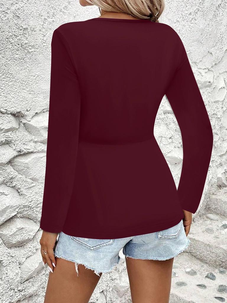 European & American 2025 Autumn/Winter Women's Solid Color Long Sleeve V-Neck T-Shirt