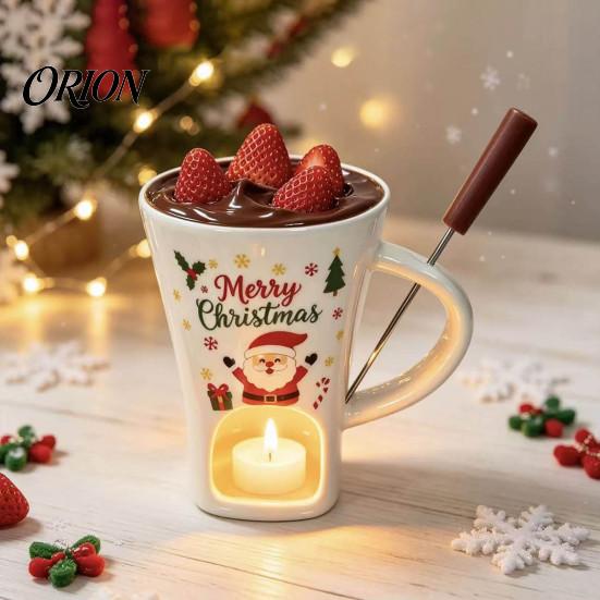 Winter Party Dessert Serving Dish Christmas Chocolate Fondue Mug with Tea Light Warmer & Forks, 155ml Ceramic Melting Gift for Lovers Pot Cheese