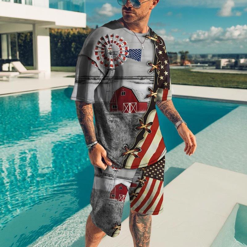 Vintage Style Men's Beach Shorts Set 3D USA Flag Print Short Sleeve T-shirt+Shorts 2 Pcs Set Summer Oversized Tracksuit Suit