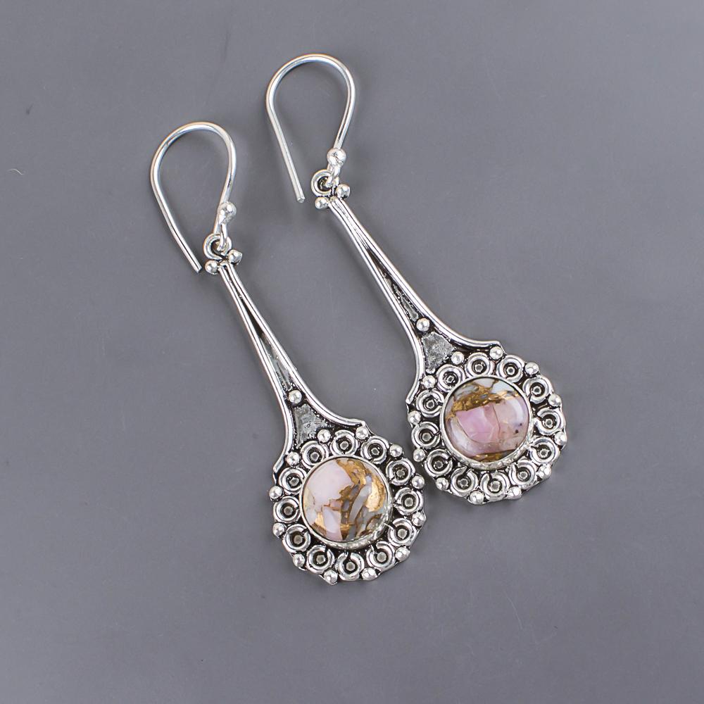 Pink Opal Copper Turquoise Gemstone Jewelry, 925 Solid Sterling Silver Earrings, Handmade Beautiful Silver Jewelry, For Wedding Gift
