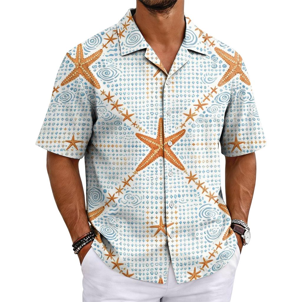 Men's Summer Hawaiian Print Cuban Collar Shirt Short Sleeve Button Down Casual Beach Shirt Lightweight Breathable Fabric