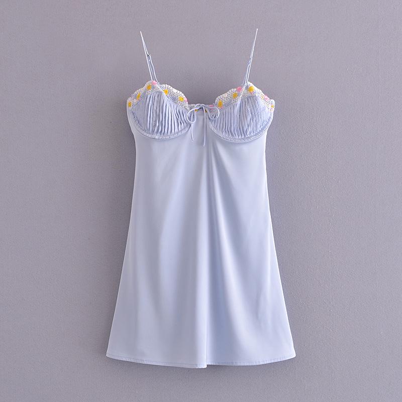 Blue Floral Embroidery Satin Backless Mini Dress Large