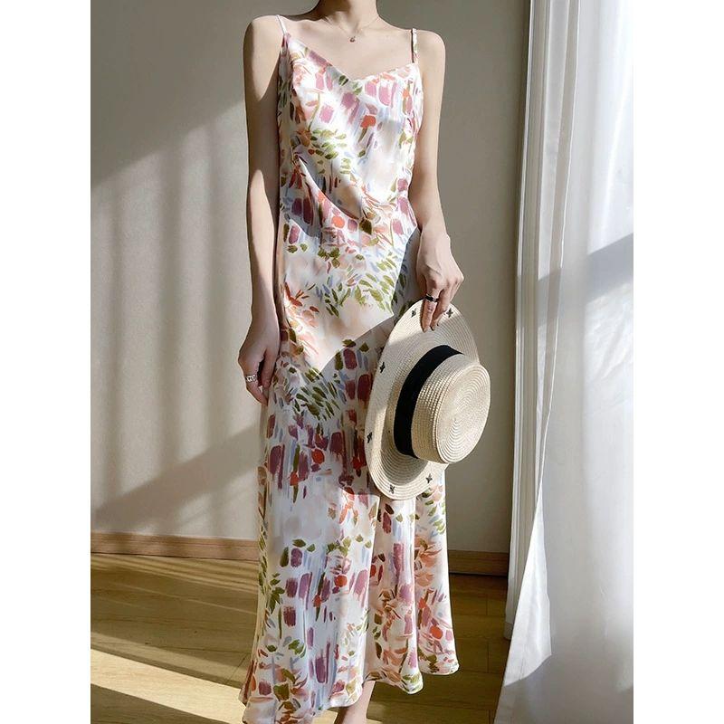 V-neck Spaghetti Strap Floral Dress Women V-neck Loose Sling Floral Dress