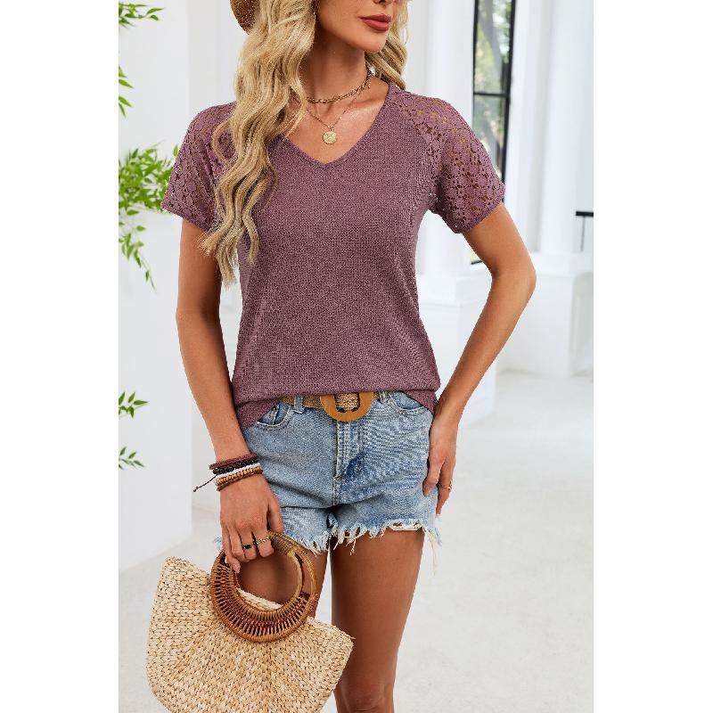 2026 Spring/Summer New Solid Color V-Neck Loose Lace Short-Sleeve T-Shirt for Women