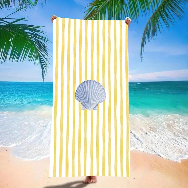 Seashell Beach Towel Yellow Striped Nautical Theme Soft Absorbent Towel For Beach Summer Holiday