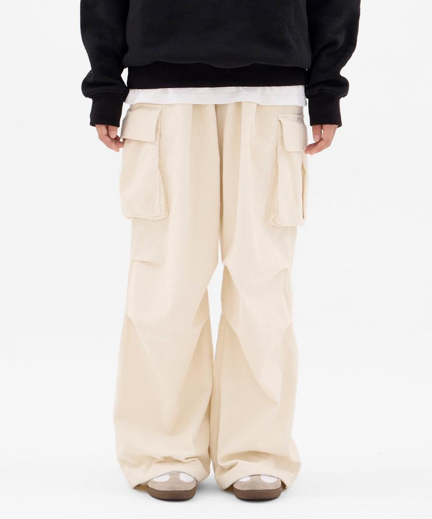 URBANAGE Corduroy Single-Pleat Wide Elastic Banding Parachute Cargo Pants_Ivory