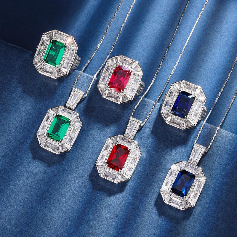 Jewelry Copper Bottom Gold-Plated Simulation Color Treasure Corundum Square Diamond 8 * 12 Temperament Ring Set Women