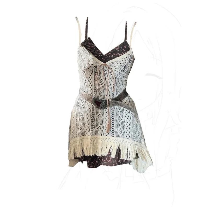 

Эстетика 2000-х годов, модная одежда Gyaru, комплект из 2 предметов, платье с цветочным рисунком, шик прерий + вязаные топы с поясом, весна-лето, High Street S бежевый