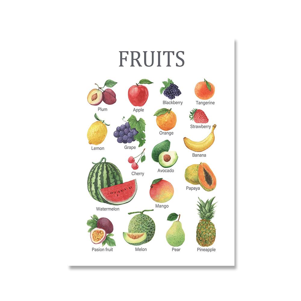 Watercolor Educational Vegetables Fruit Farm Chart Posters Learning Preschool Wall Art Canvas Paiting Pictures For Nusery Decor