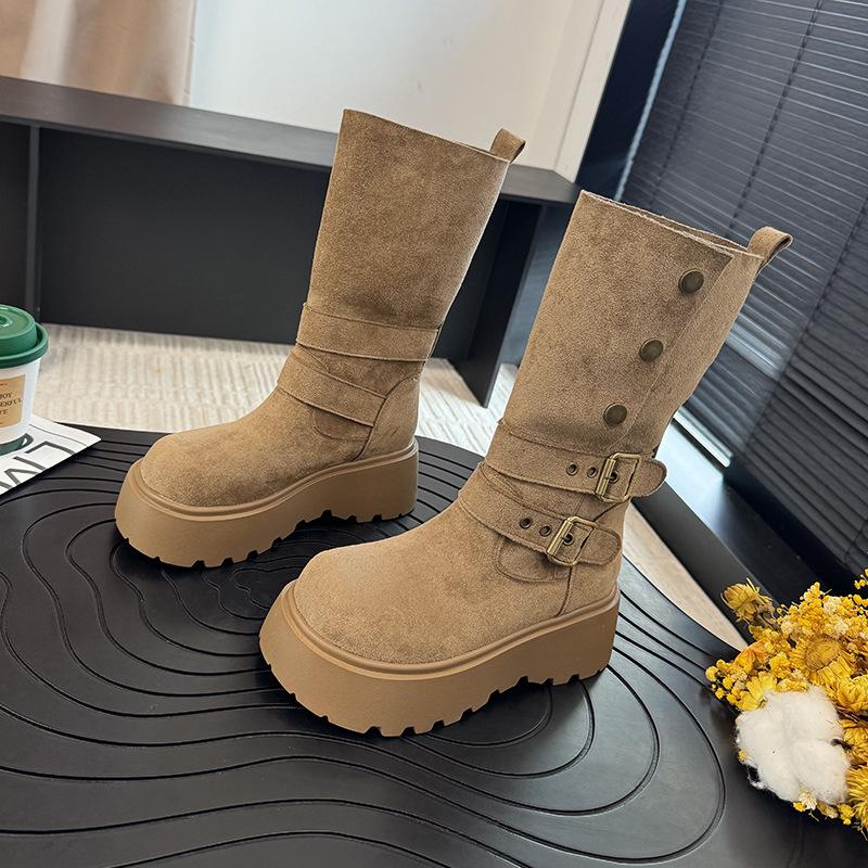Retro Two-wear Folded Thick-soled Medium Boots Children's 2025 Autumn New Belt Buckle Medium Tube Fashion Short Boots