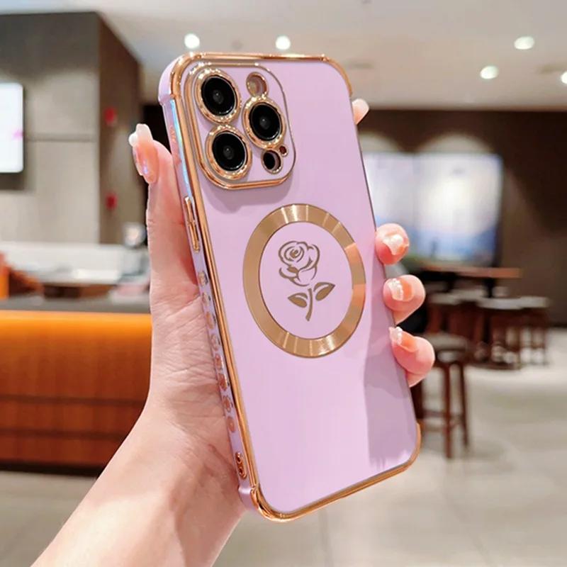 Etui z ramką 6D, z kwiatem róży z boku, dla iPhone 15 14 Plus 11 13 12 Pro Max, wstrząsoodporne, z możliwością ładowania bezprzewodowego, silikonowe, magnetyczne