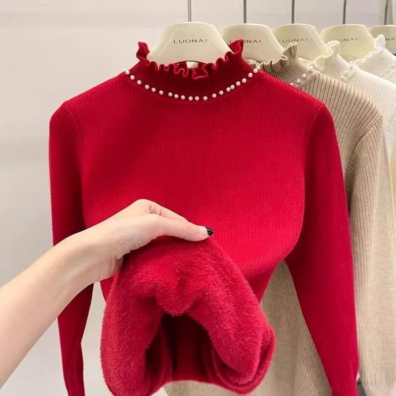 Thickened Velvet Sweater Women's Wooden Ear Nail Bead Knitted Sweater Solid Color Warm One Fleece Inner Hoodie