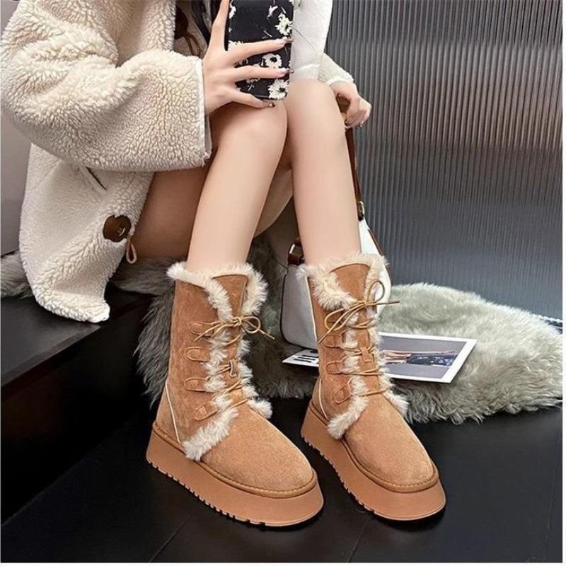 Thick-soled Shoes, Snow Boots, Women's Lace-up, Fleece, Thickened Cotton Shoes, Mid-calf Cotton Boots