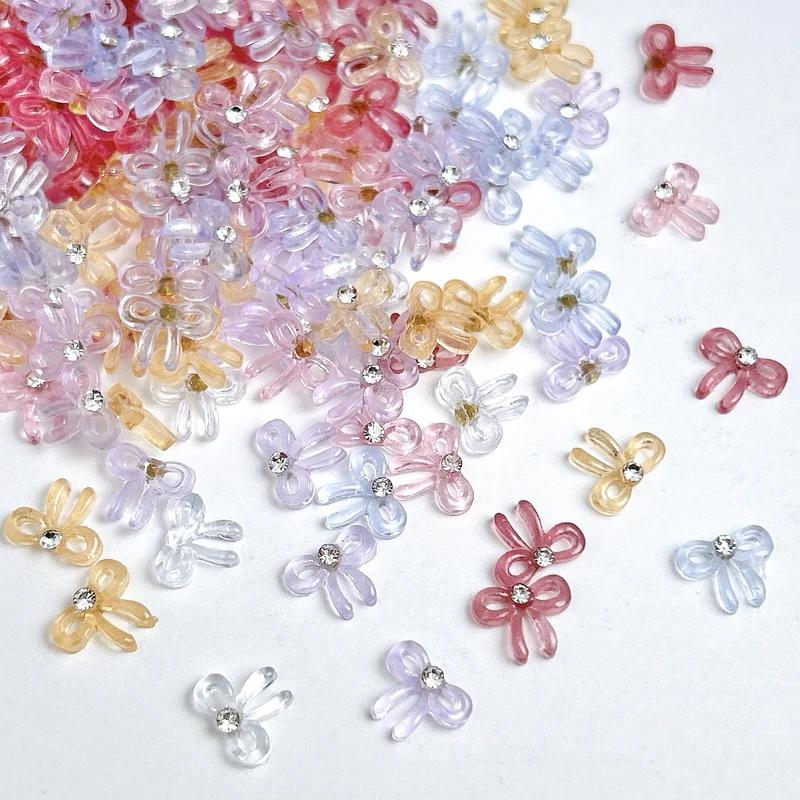

10PCS Solid Color Minimalist Bows Nail Charms Translucent Jelly Bowknots Mini Rhinestones Inlaid Nail Art Decorations for DIY