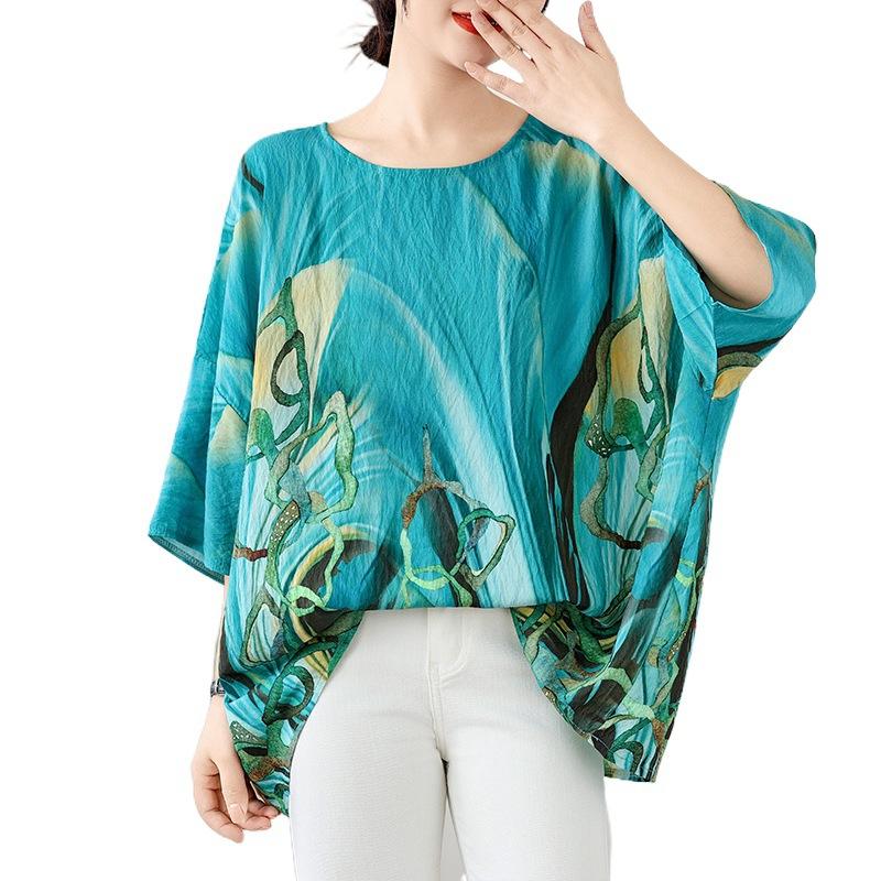 Ethnic Style Summer Blouse Cotton Ethnic Style Shirt Bat Sleeve Loose Large Round Neck T-shirt for Women