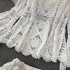 DIMANAF Neue 2025 Rock Anzug Frauen Stricken Strand Kurzarm Spitze Aushöhlen Sexy Oansatz Hohl Sommer Stil Tops Tees lose Grundlegende