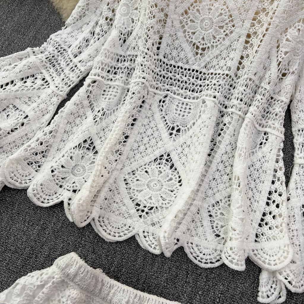 DIMANAF Neue 2025 Rock Anzug Frauen Stricken Strand Kurzarm Spitze Aushöhlen Sexy Oansatz Hohl Sommer Stil Tops Tees lose Grundlegende