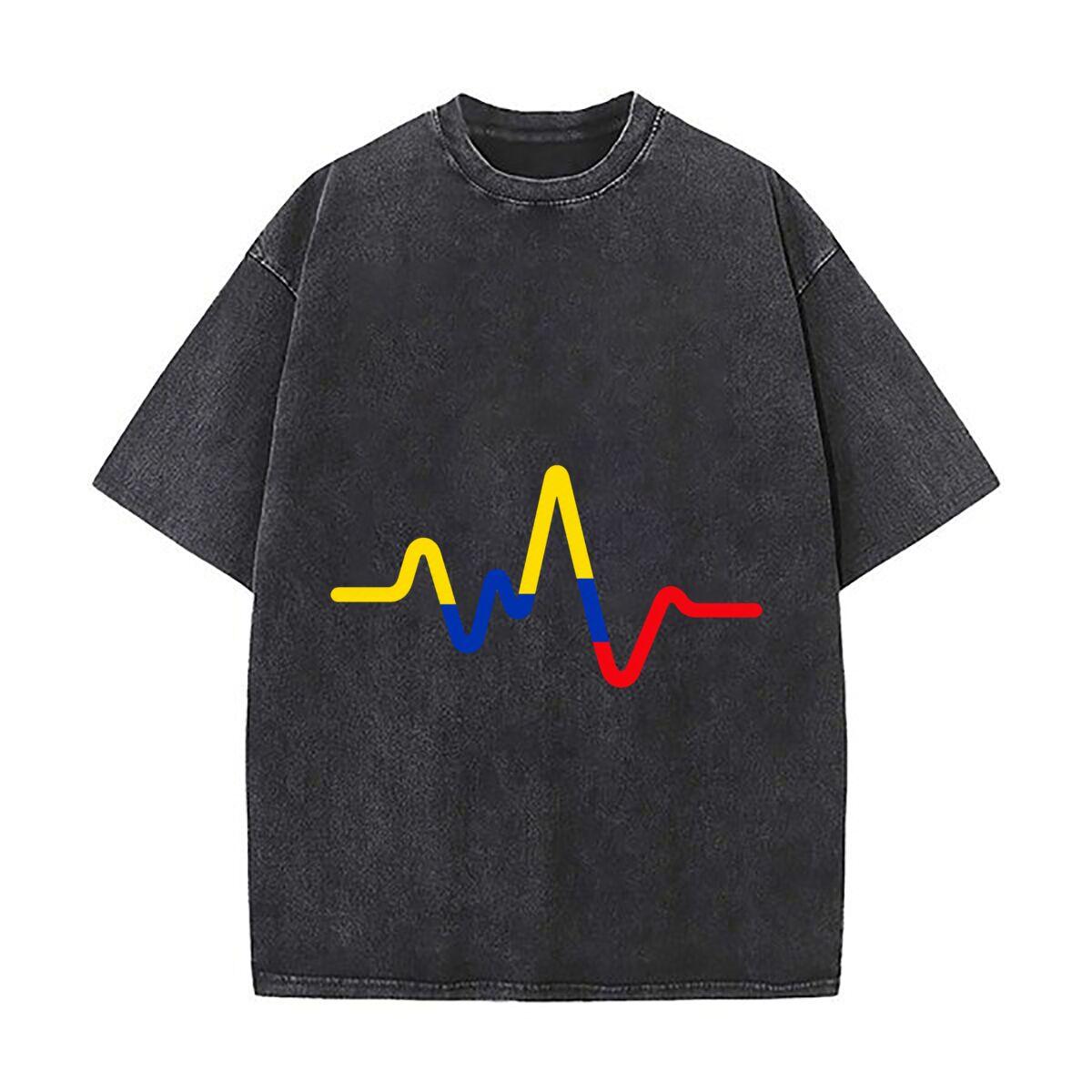 Colombia Pulse Flag Graphic Wave Vintage Distressed Washed Cotton Short Sleeve Streetwear Outfit 2XL
