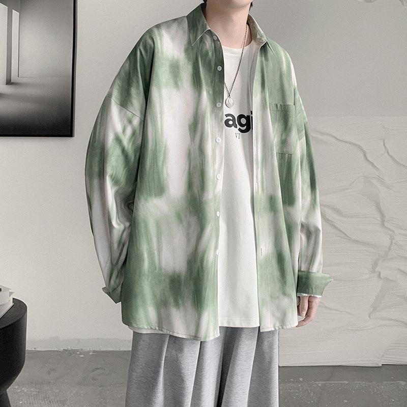 Men's Tie-Dye Long-Sleeve Floral Shirt - Trendy Hong Kong Style, Loose Fit, Casual Punk Fashion for Autumn