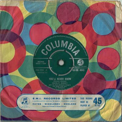 7inch Record SHIRLEY BASSEY - You'll Never Know 45DB4643 Columbia 1961 UK Pop Used